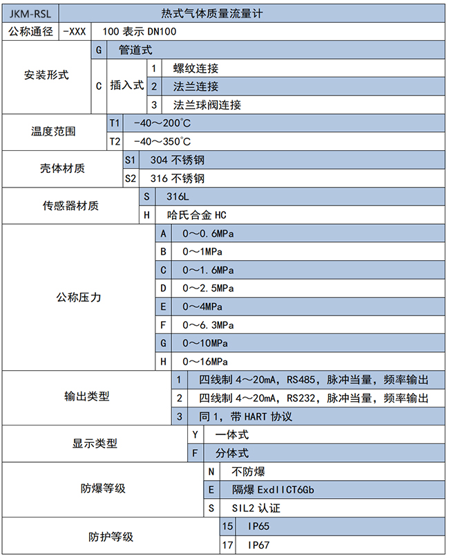 煙氣熱式氣體質量流量計選項表