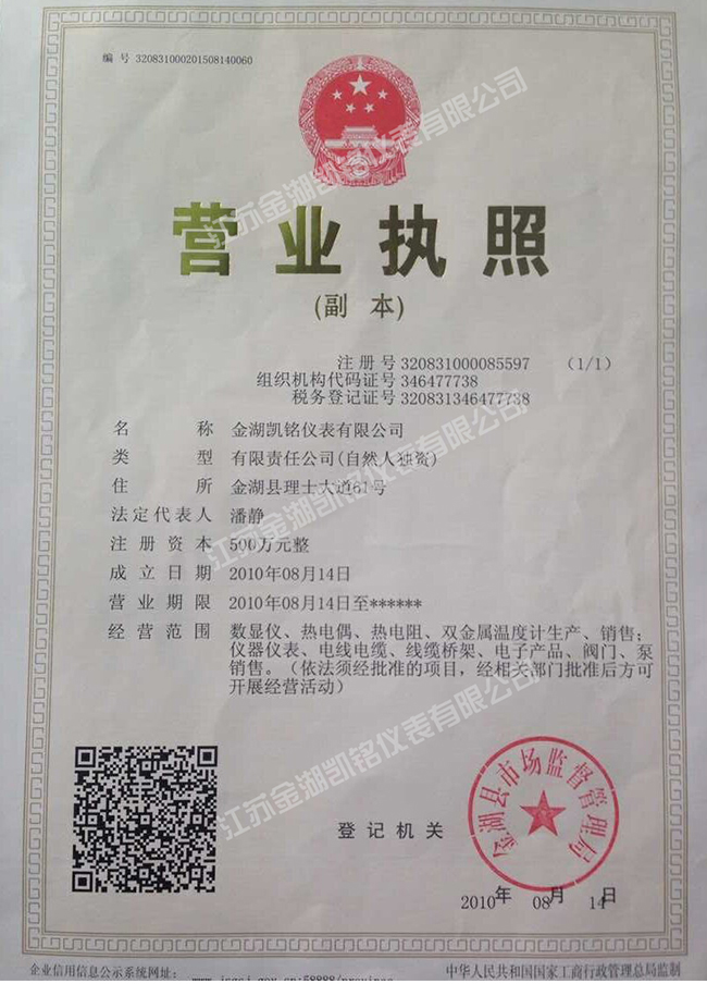 金湖凱銘儀表有限公司營業執照